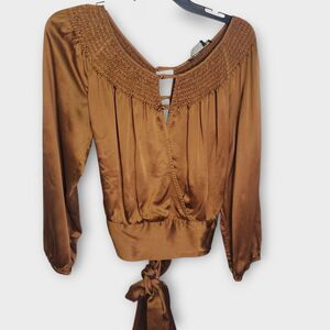 BCBGMaxAzria Brown 100% Silk Smocked Long Sleeve Top Size Small